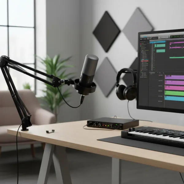 Microphone dynamique FIFINE K688 avec connexion XLR et USB en usage studio avec monitoring en temps réel