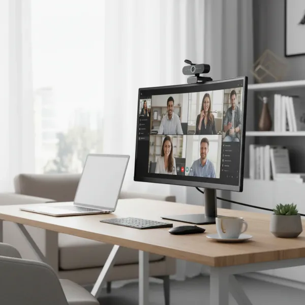 Webcam 4K Ultra HD EMEET C60E sur écran d'ordinateur en visioconférence