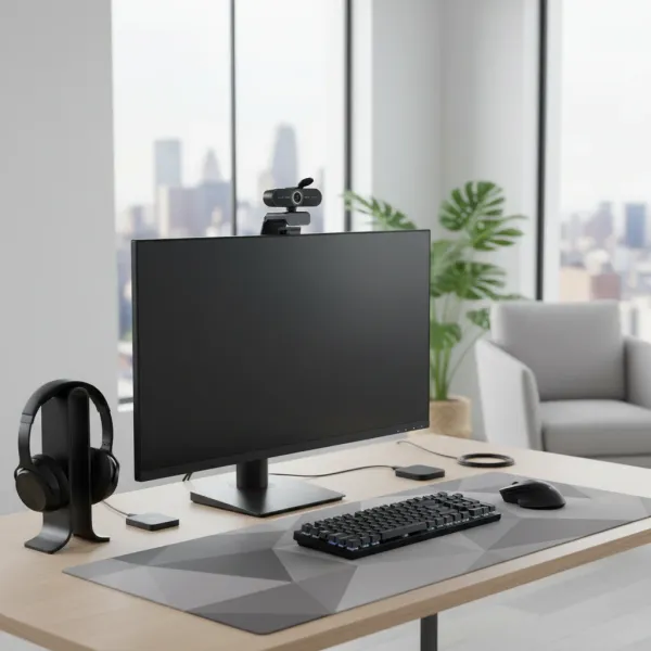 Webcam 4K Ultra HD EMEET C60E autofocus USB installée sur un écran d'ordinateur en bureau moderne