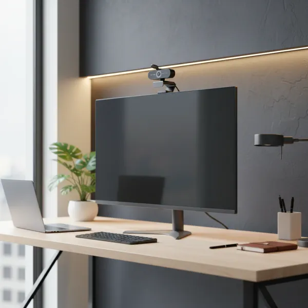 Webcam 4K Ultra HD EMEET C60E avec autofocus connectée à un écran d'ordinateur