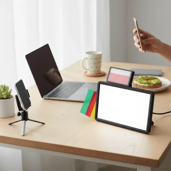 LED Fill Lamp Video Light Panel Bi-color 3200K-5600K GOLDFOX sur bureau avec smartphone et ordinateur portable