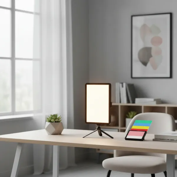 LED Fill Lamp Video Light Panel Bi-color 3200K-5600K GOLDFOX sur bureau avec support