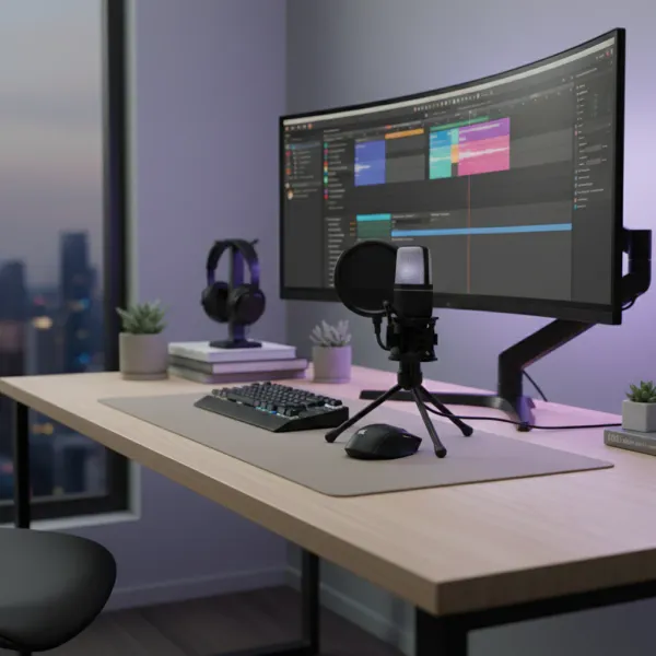 Microphone USB condensateur RGB avec réduction de bruit pour podcast, jeu et streaming Microphone USB à condensateur RGB avec filtre anti-pop sur bureau de studio de streaming avec écran incurvé, clavier et souris