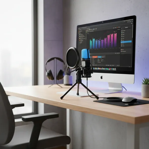 Microphone USB RGB SF666R avec support et filtre anti-pop devant un écran d'ordinateur