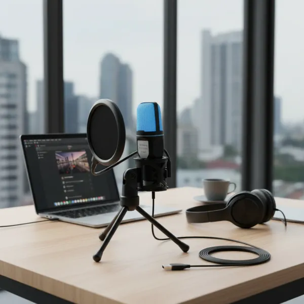 Microphone USB SF666R avec éclairage RGB posé sur un bureau avec ordinateur portable, casque audio et tasse.