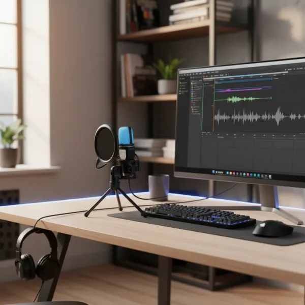 Microphone USB SF666R avec éclairage RGB installé sur bureau avec ordinateur et casque