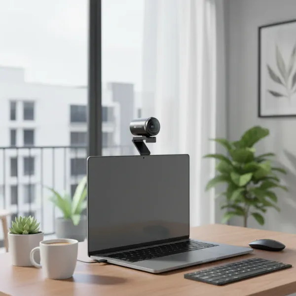 Webcam EMEET S600 4K 1080P 60FPS, haute qualité pour visioconférence Webcam EMEET S600 4K 1080P 60FPS montée sur PC portable gris