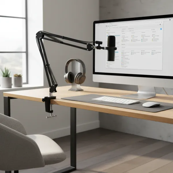 Pince C de fixation bureau noire pour bras micro et lampe MovingMic fixée sur un bureau en bois avec un micro installé