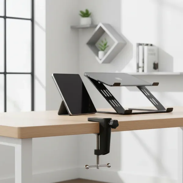 Pince C de fixation bureau pour bras micro ou lampe, fixée sur un bureau en bois clair