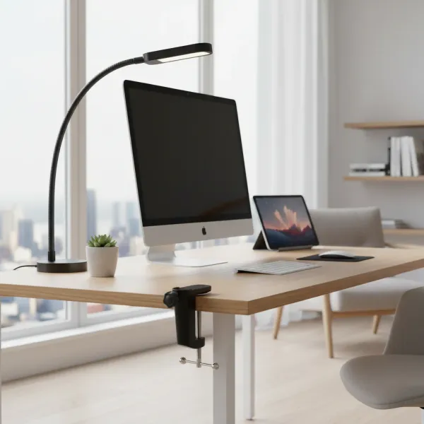 Pince en C fixée au bord d'un bureau en bois clair, supportant un bras flexible pour lampe ou micro