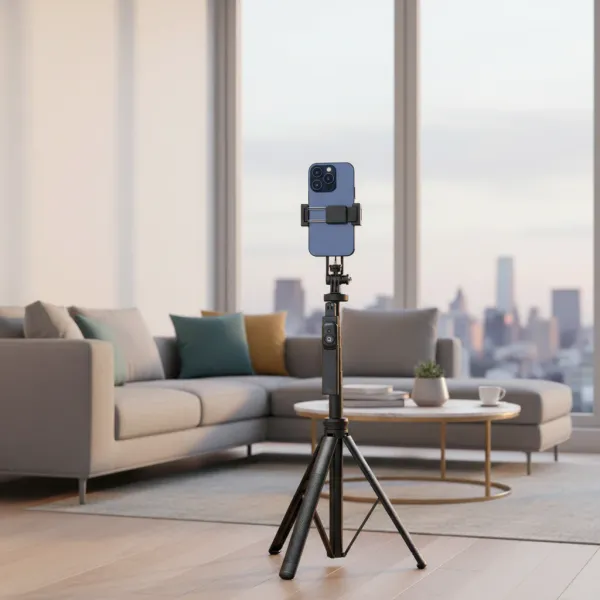 Tripod pour Smartphone & Appareil Photo TOKQI avec télécommande Bluetooth - Trépied Aluminium Trépied aluminium TOKQI avec smartphone et télécommande Bluetooth dans un salon moderne