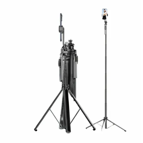 Tripod aluminium TOKQI avec télécommande Bluetooth pour smartphone et appareil photo Tripod pour smartphone et appareil photo TOKQI en aluminium avec télécommande Bluetooth, déplié et plié