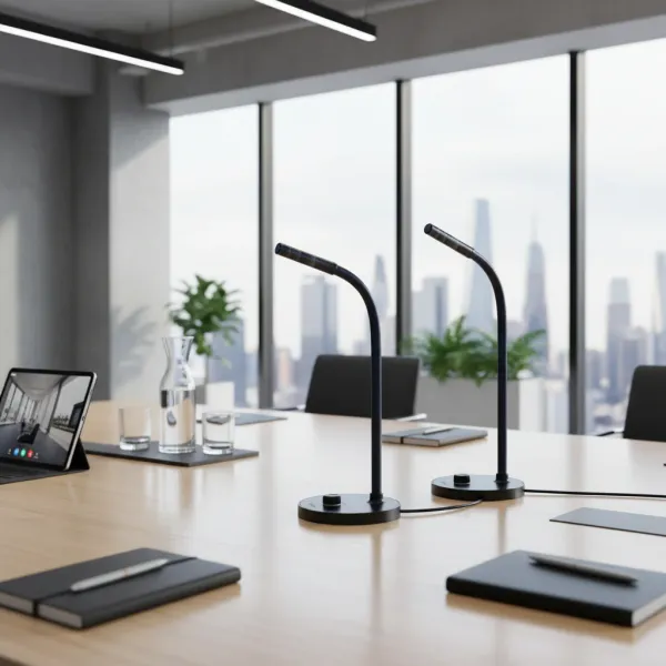 UGREEN Microphone USB pour streaming, podcasting, gaming sur Mac et Windows Microphone USB UGREEN pour ordinateur de bureau noir sur une table en bois dans une salle de réunion moderne