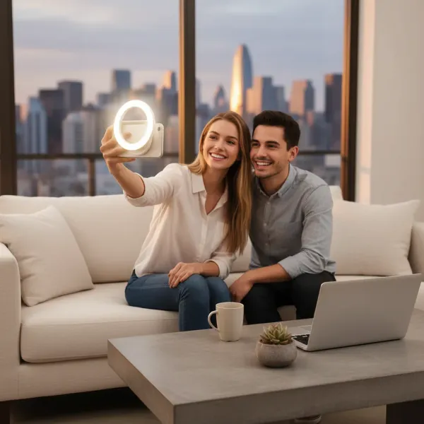Couple prenant un selfie avec une lumière anneau LED rechargeable USB fixée à un téléphone