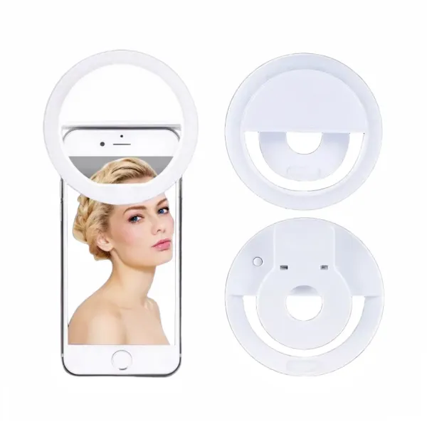 USB rechargeable LED selfie ring light with phone clip shown from front and back