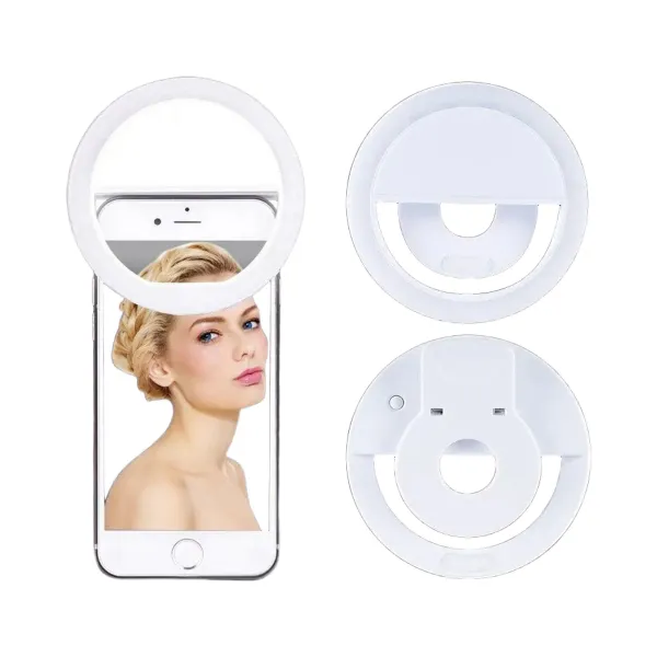 USB rechargeable LED selfie ring light attached to a smartphone with a phone clip, front view showing illuminated ring around screen