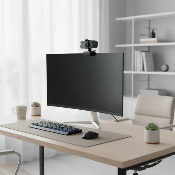 Webcam 2K eMastiff avec autofocus et microphone montée sur un écran d'ordinateur dans un bureau moderne