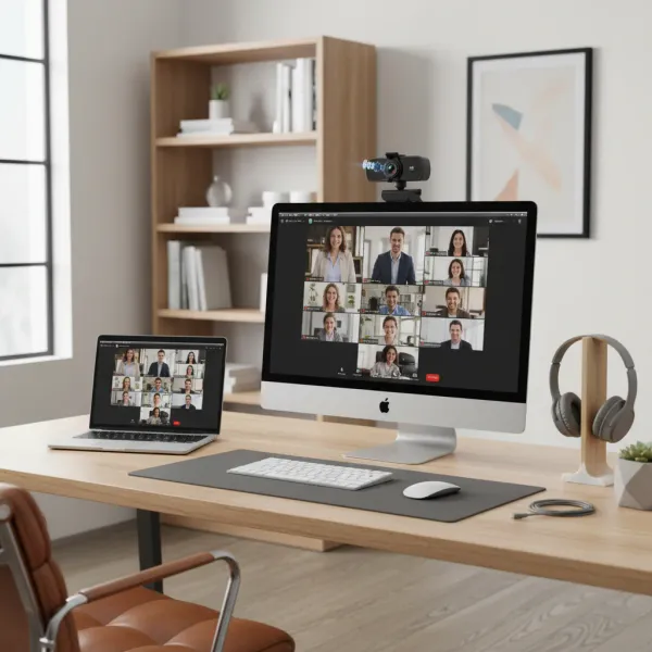 Webcam 2K eMastiff avec autofocus et microphone USB fixée sur un ordinateur de bureau en réunion vidéo