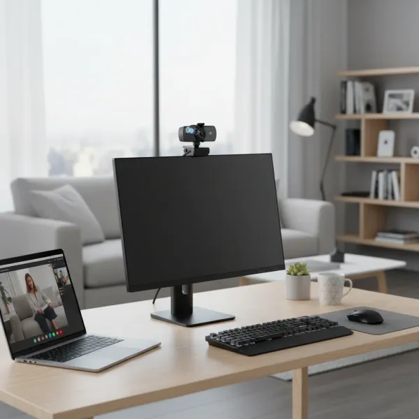 Webcam 2K eMastiff avec autofocus et microphone USB installée sur un écran d'ordinateur