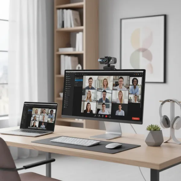 Webcam 2K eMastiff avec autofocus et microphone USB positionnée sur un écran d'ordinateur lors d'une visioconférence