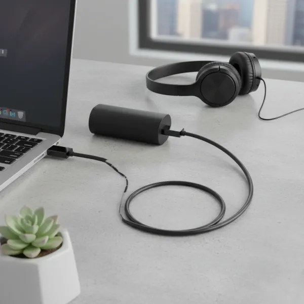 Câble extension USB 3.0 mâle vers femelle FENGKUABAO connecté à un ordinateur portable avec casque noir en arrière-plan