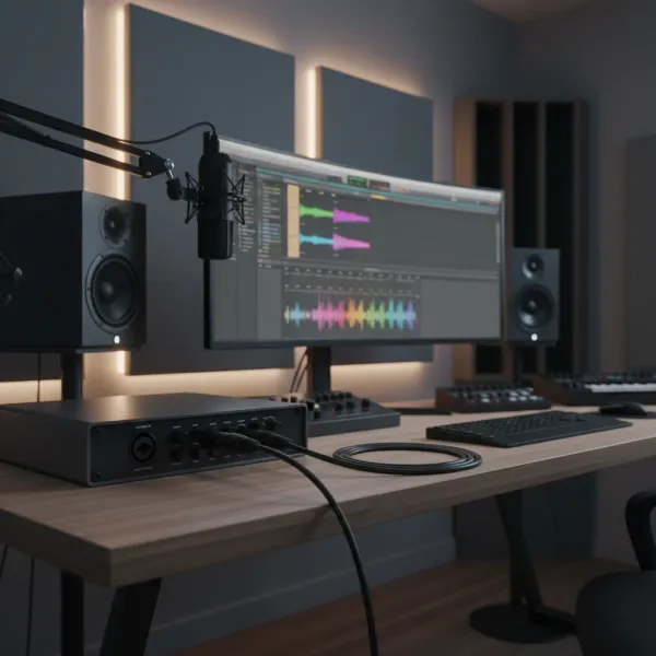 XLR Cable 3Pin Male to XLR Female connected to audio interface in professional recording studio