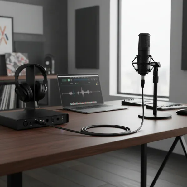 Câble XLR 3 broches mâle à femelle connecté à un microphone dans un studio moderne