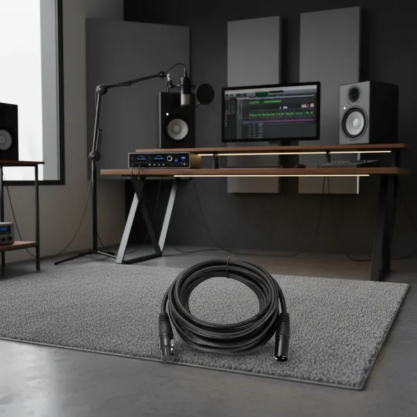 Câble XLR mâle-femelle BSN enroulé sur un tapis dans un studio d'enregistrement moderne avec équipement audio professionnel.