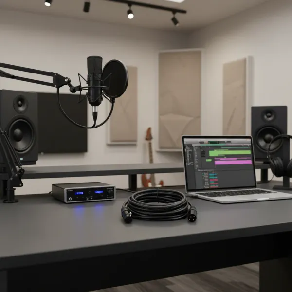Câble XLR mâle-femelle BSN posé sur une table de studio avec micro, ordinateur portable et enceintes audio