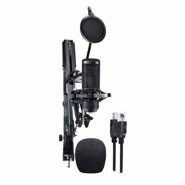 Microphone Studio Professionnel avec Bras Articulé et Antichoc pour Enregistrement et Diffusion Microphone studio professionnel avec bras articulé, antichoc métallique, pare-bruit et câbles USB