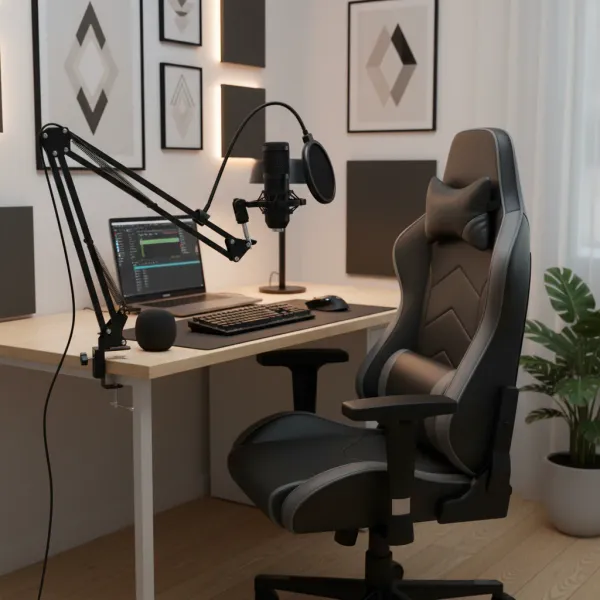 Microphone Studio Pro avec Bras Articulé et Antichoc - Kit complet pour enregistrement et diffusion live Microphone studio professionnel avec bras articulé et antichoc métallique installé sur un bureau moderne
