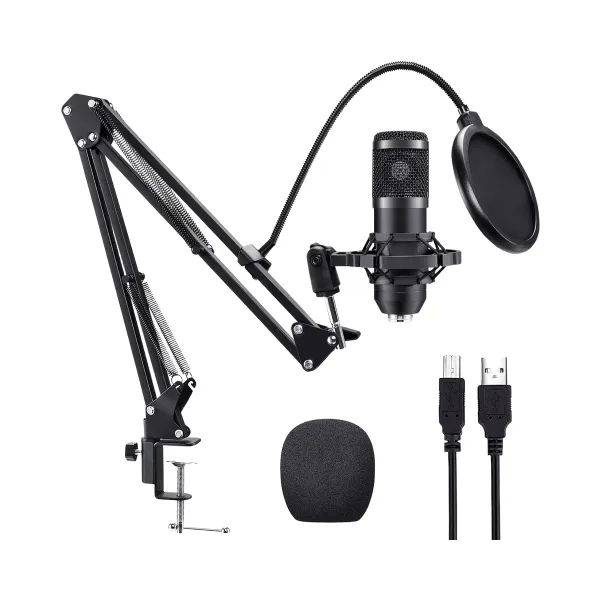 Microphone Studio Professionnel avec Bras Articulé et Antichoc pour Enregistrement et Diffusion Microphone studio professionnel avec bras articulé, antichoc métallique, filtre anti-pop et câble USB