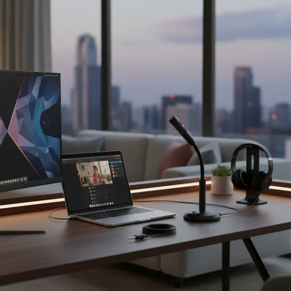 Microphone USB pour streaming, podcasting et jeux sur Mac et Windows Microphone USB pour ordinateur de bureau avec ordinateur portable Mac et casque audio en arrière-plan