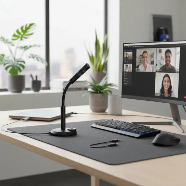 Microphone USB pour streaming, podcasting et jeux sur PC et Mac Microphone USB pour ordinateur de bureau avec support flexible sur un bureau moderne avec clavier, souris et écran d'ordinateur affichant une visioconférence