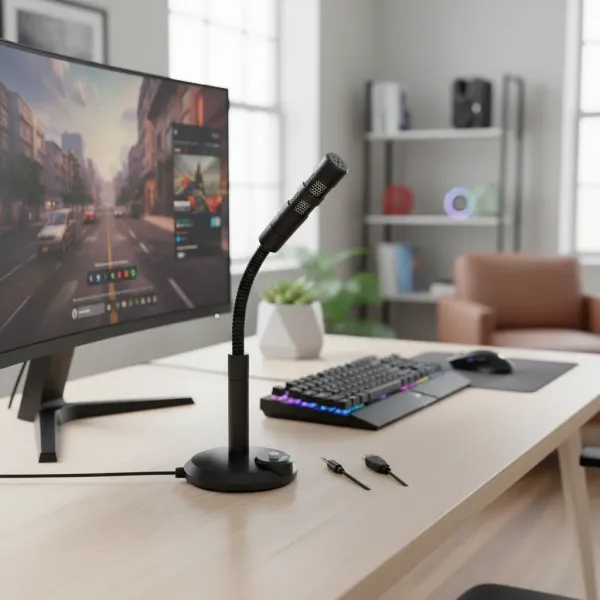 Microphone USB pour ordinateur de bureau - idéal streaming, podcasting, jeux Mac et Windows Microphone USB flexible sur bureau avec clavier et écran PC en arrière-plan pour streaming et podcasting