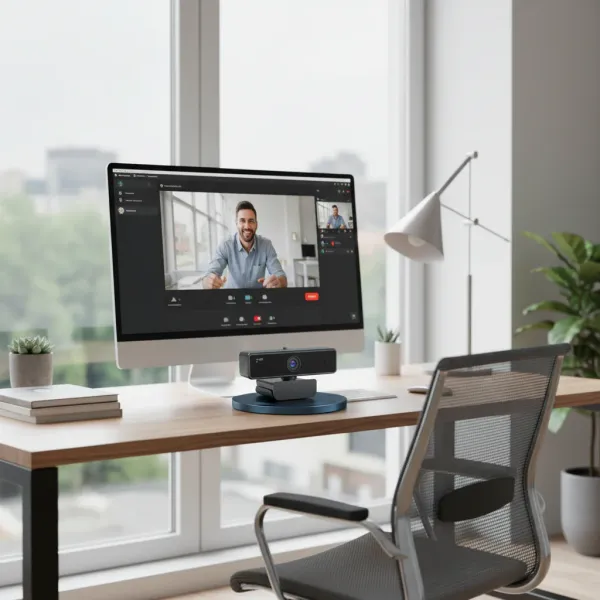 Webcam V11 1080p 60FPS avec microphone et cache confidentialité devant écran d'ordinateur