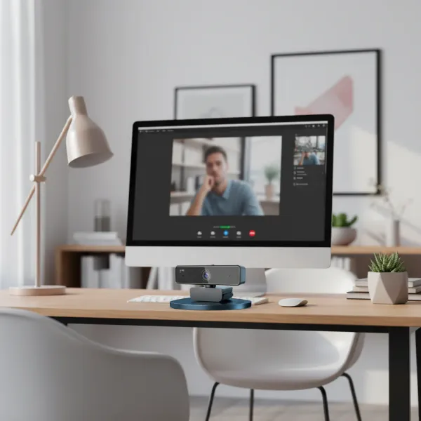 V11 Webcam 1080p 60FPS FHD avec Microphone et Cache de Confidentialité posée sur un bureau devant un ordinateur