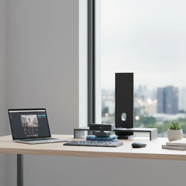 Webcam V11 1080p 60FPS avec microphone et cache de confidentialité sur bureau moderne