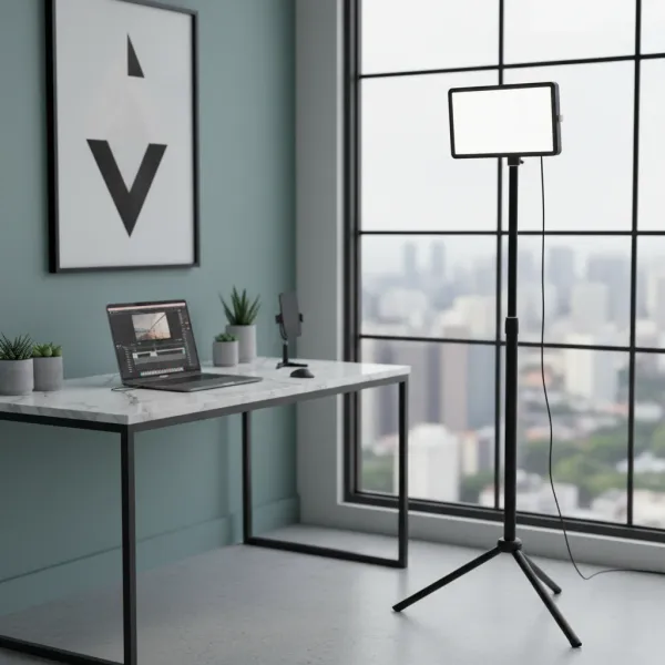 Panneau LED vidéo dimmable sur trépied avec écran lumineux blanc en intérieur bureau