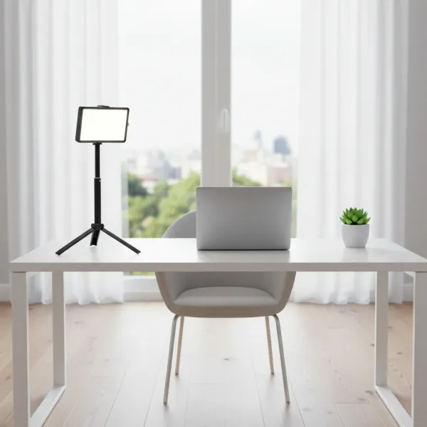 LED Video Light panneau dimmable sur trépied noir proche d’un ordinateur portable sur un bureau blanc dans une pièce lumineuse