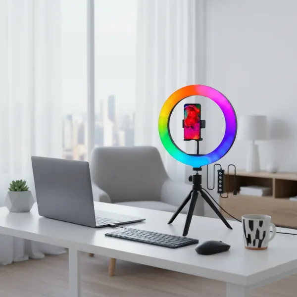 Anneau LED RGB dimmable avec trépied et support téléphone posé sur un bureau moderne