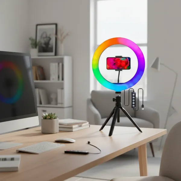Anneau LED RGB dimmable avec trépied et support téléphone en utilisation sur bureau
