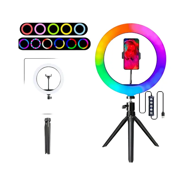 Anneau LED RGB dimmable avec trépied noir et support téléphone, variétés de couleurs lumineuses