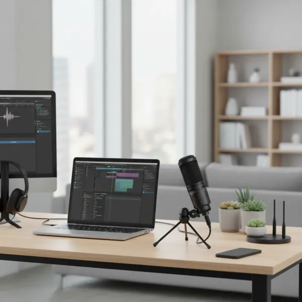 Microphone USB cardioïde AT2020USB+ sur bureau avec ordinateur portable et logiciel audio