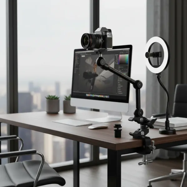 Magic Arm 9 pouces avec Super Clamp MINIFOCUS fixé sur un bureau avec caméra et anneau lumineux