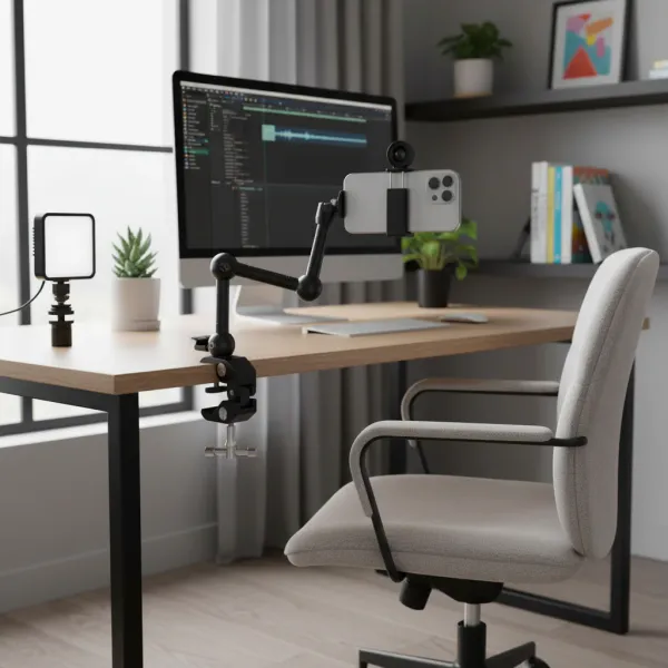 Magic Arm 9 pouces avec Super Clamp MINIFOCUS fixé à un bureau avec un smartphone et une lumière LED