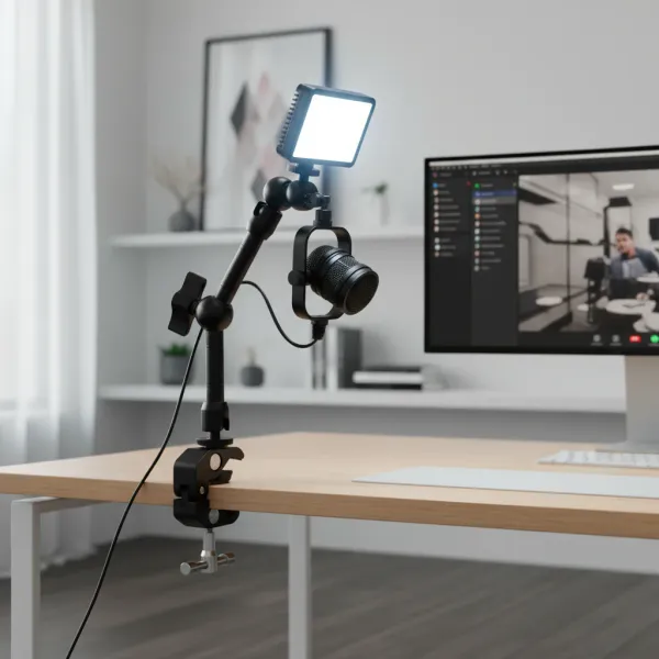 Magic Arm 9 pouces avec Super Clamp fixé à un bureau avec un micro et une lumière LED pour streaming en direct