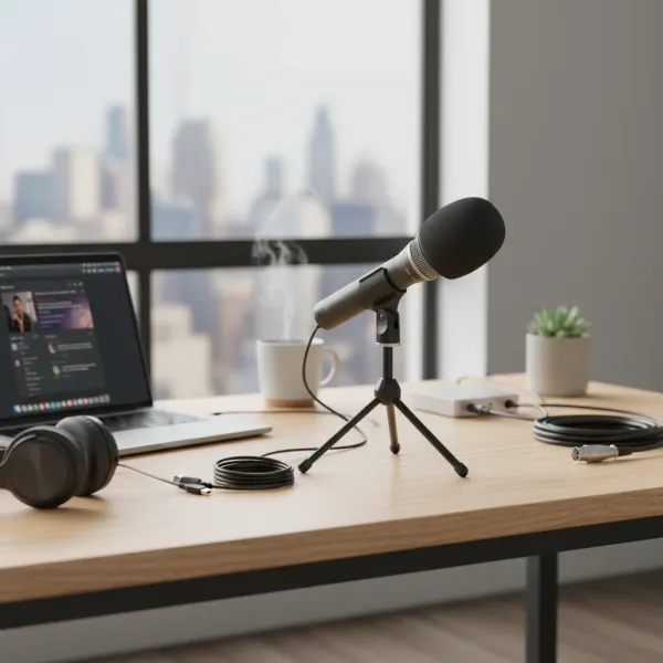 Samson Q2U microphone dynamique USB et XLR installé sur un bureau avec ordinateur et casque