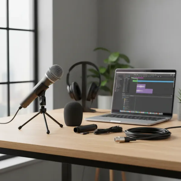 Samson Q2U microphone dynamique avec câble USB et XLR sur bureau avec ordinateur portable et casque audio