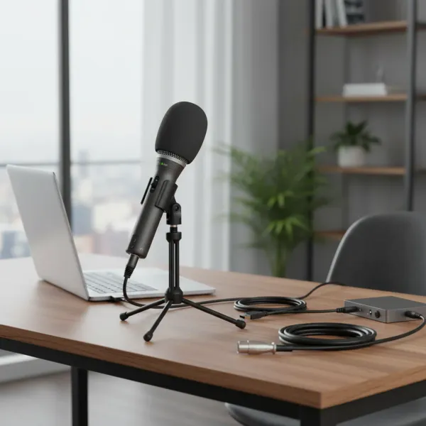 Samson Q2U microphone dynamique USB et XLR sur un bureau avec ordinateur portable